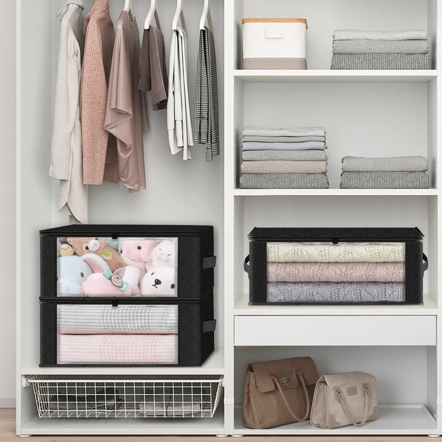 HomeHacks 6-Pack Clothes Organizer Storage Bags Foldable Storage Box with Large Clear Window Sturdy Handles for Closet, Dorm, Pillows, Bedding, Clothes, Stuffed Toys, Blankets, 35L, Black