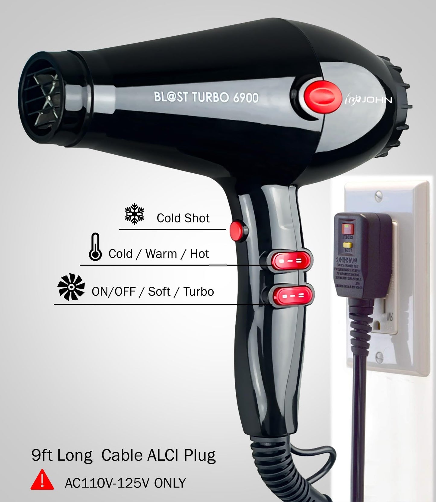 JOHN Super Fast Drying Hair Dryer, Ionic 2200W Professional Salon Blow Dryer, 2 Concentrator Nozzles, Blast Turbo 6900, Black