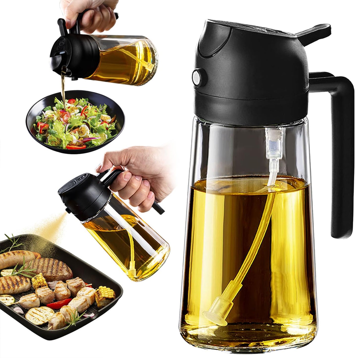 TrendPlain 16oz/470ml Glass Olive Oil Sprayer for Cooking – 2 in 1 Olive Oil Dispenser Bottle for Kitchen Gadgets and Air Fryer Accessories, Salad, BBQ - Black