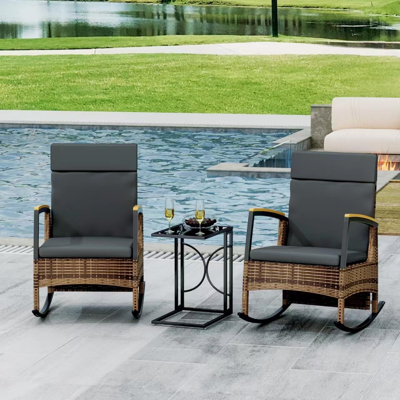 MAXXPRIME Outdoor Recliner Chair Set, Adjustable Patio Recliner with C Shaped Glass Top Side Table, Wicker Reclining Lounge Chairs, Rocking Chairs with Removable Cushions for Pool,Deck(Dark Gray)