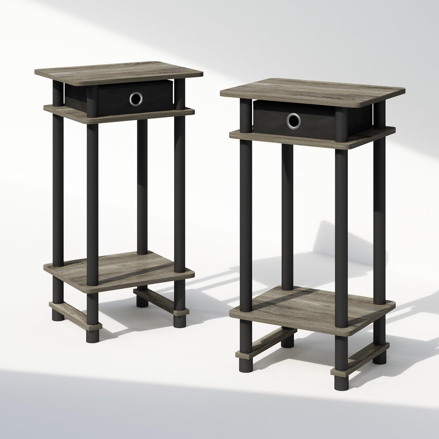 Furinno Turn-N-Tube Tall Nightstand with Bin, 2-Pack, Plastic Poles, French Oak/Black/Black