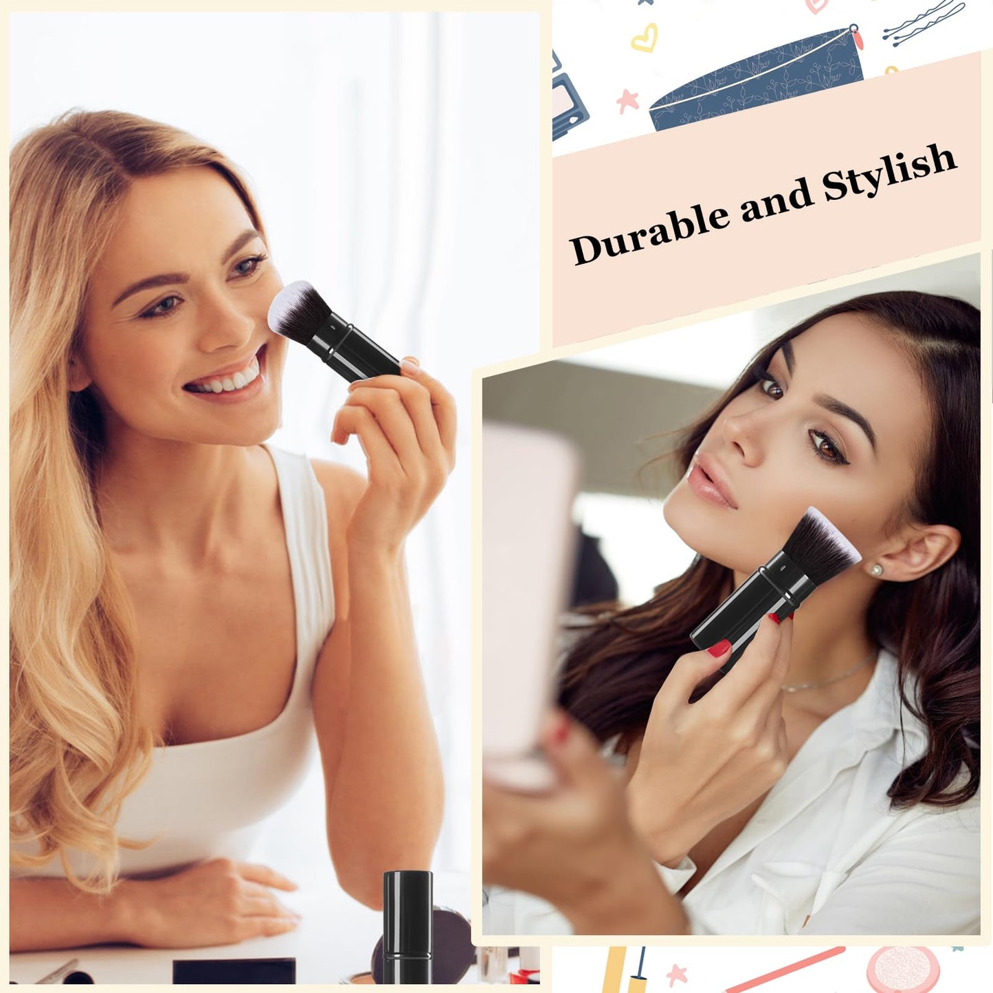 Keriloo Retractable Makeup Brush 2 Pack, Travel Kabuki Powder Foundation Makeup Brush Face Blush Brushes for Blending Liquid, Blush, Bronzer, Buffing, Sunscreen,Flawless Cosmetics