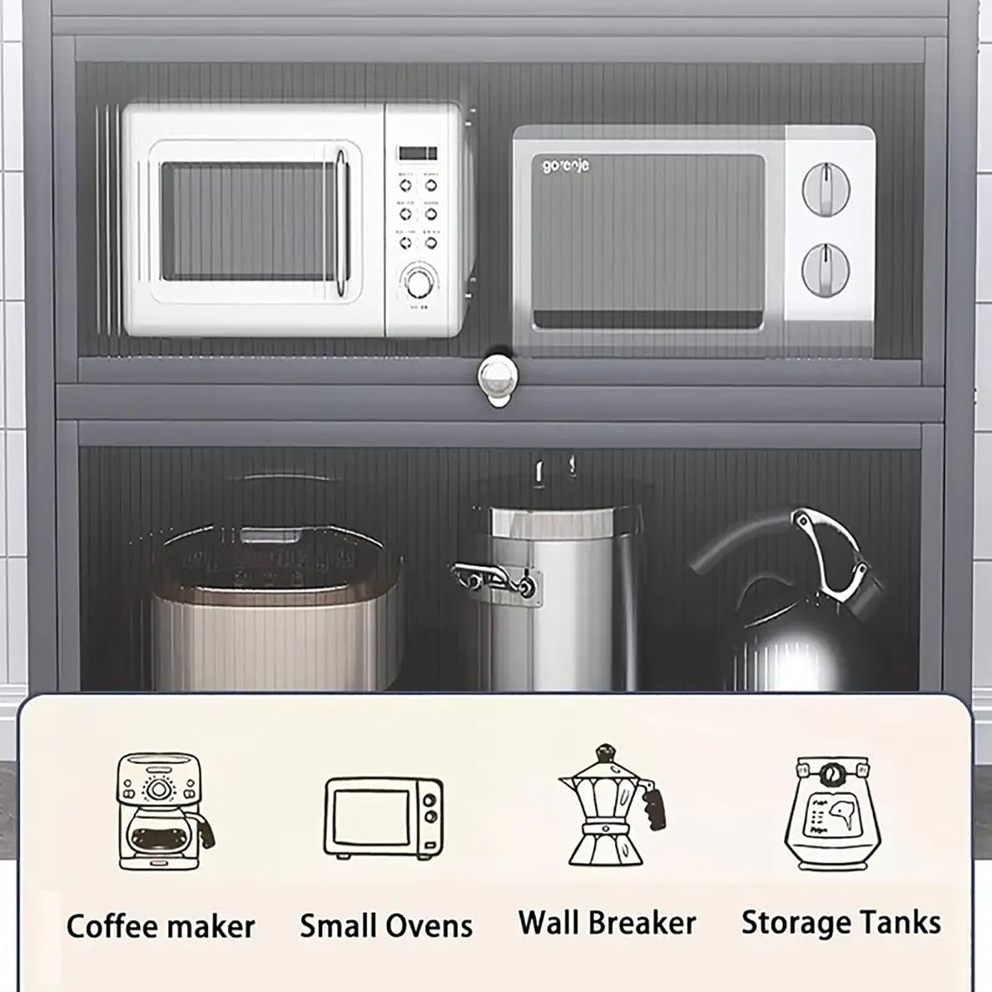 walkclpck Kitchen Cabinet with Acrylic Doors, Bread Rack with Switchable Universal Wheels, 63 Inch Microwave Stand, Farmhouse Coffee Bar Cabinet for Home, Dining Room, Kitchen, Black