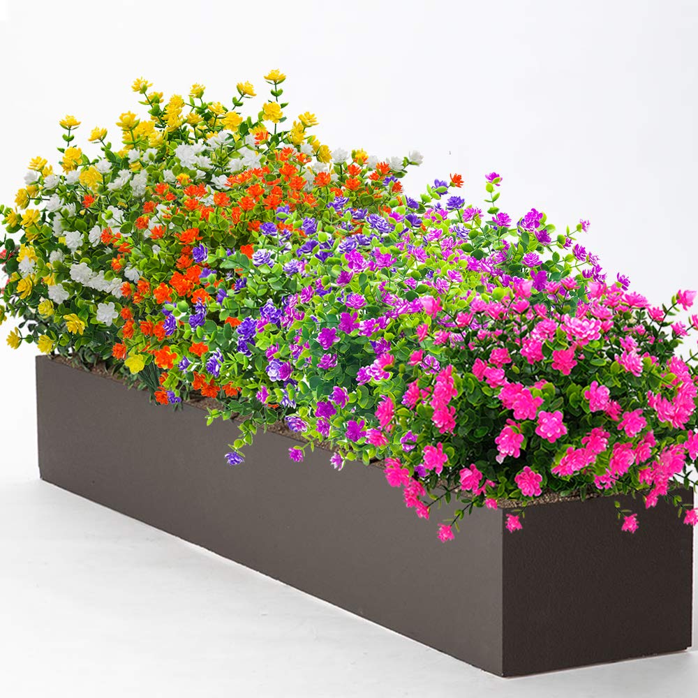 Grunyia 10 Bundles Artificial Fake Flowers, Faux Outdoor Plastic Plants UV Resistant Shrubs Outside Indoor Decorations (Pink-Eucalyptus)