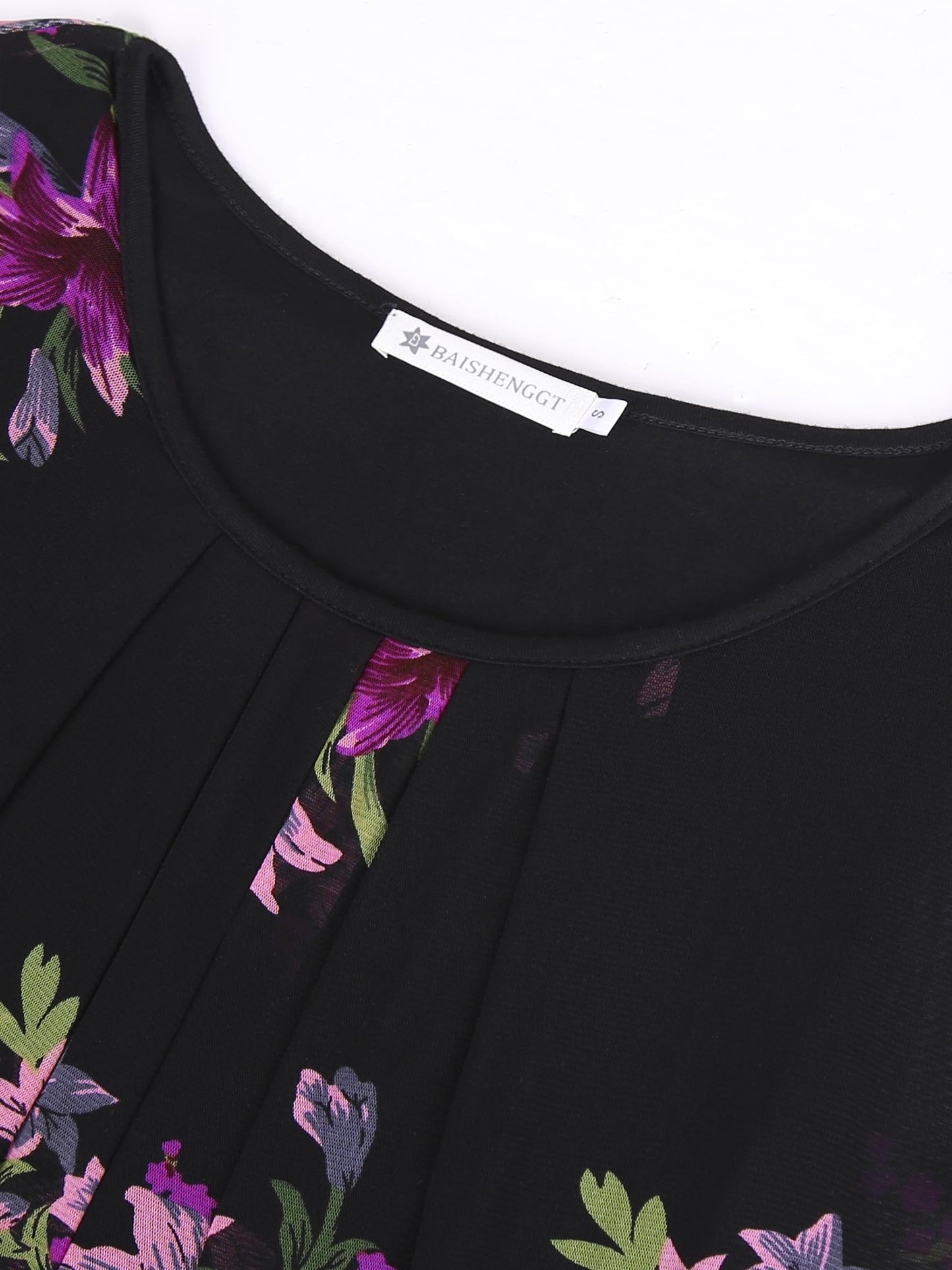 BAISHENGGT Blouses for Women Dressy Casual Going Out Tops Trendy Mesh Short Sleeve Shirts Medium Black Purple Floral