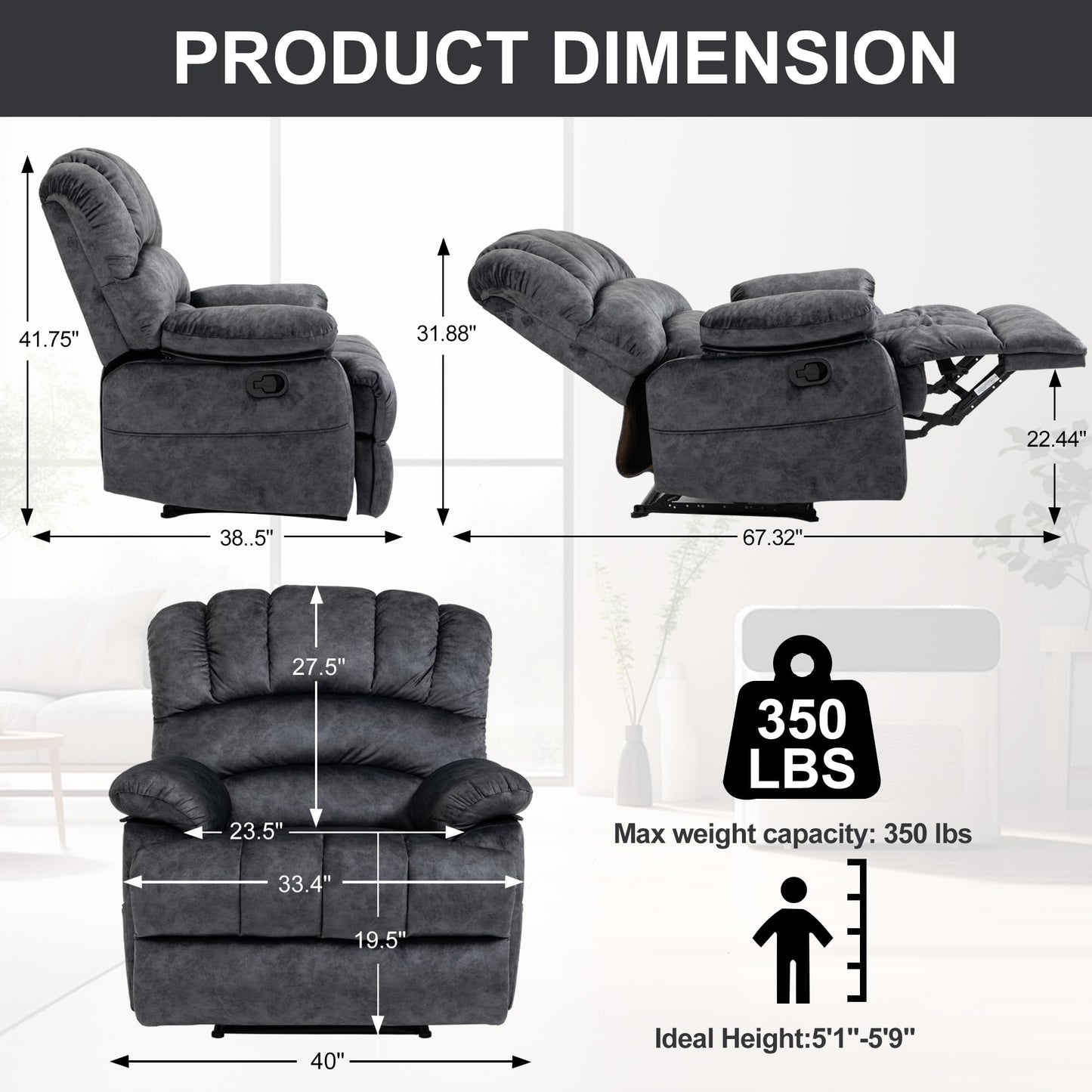 ZJTFNOU Oversized Recliner Chairs for Adults，Manual Adjustable Recliner Chair with Overstuffed Backrest with Lumbar Support, Reclining Chair Single Seat Sofa for Living Room, Bedroom