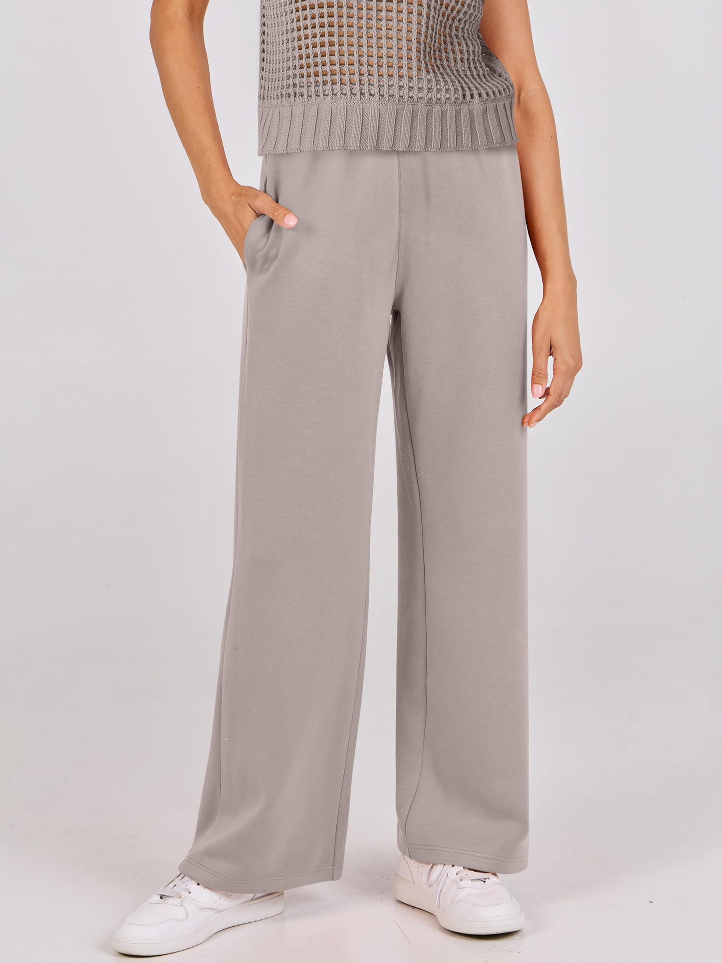 ANRABESS Women Two Piece Outfits Crochet Sheer Knit Sweater Top Wide Leg Pants Lounge Matching Sets Sweatsuit Travel Clothes light khaki X-Large