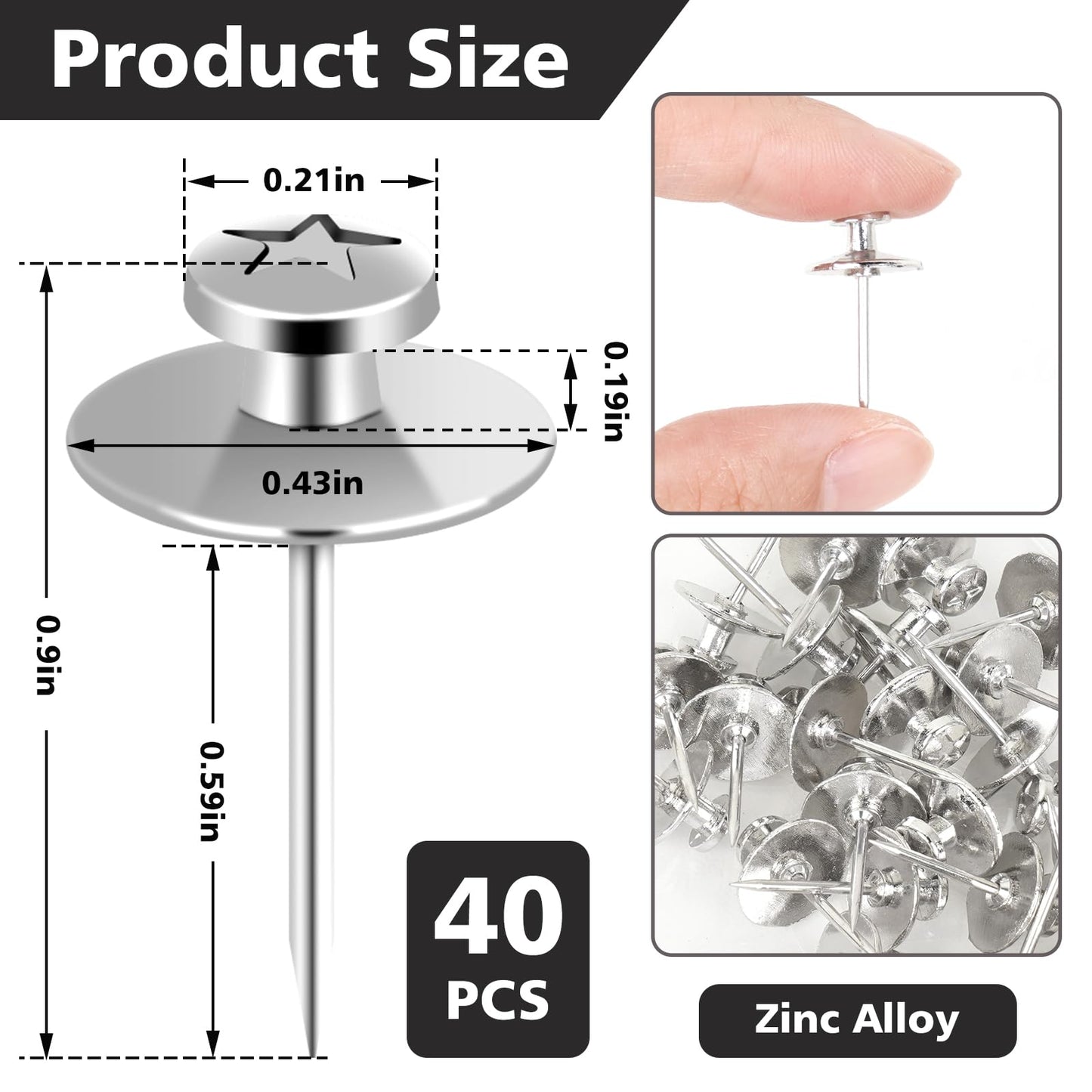 DANRONG 40PCS Double Headed Picture Hangers Nails for Hanging Pictures, Push Pins Wall Hooks,Thumb Tacks for Wall, Hangers Without Nails,Decor Tacks for Home Office Hanging Tapestry Frame(Silver)