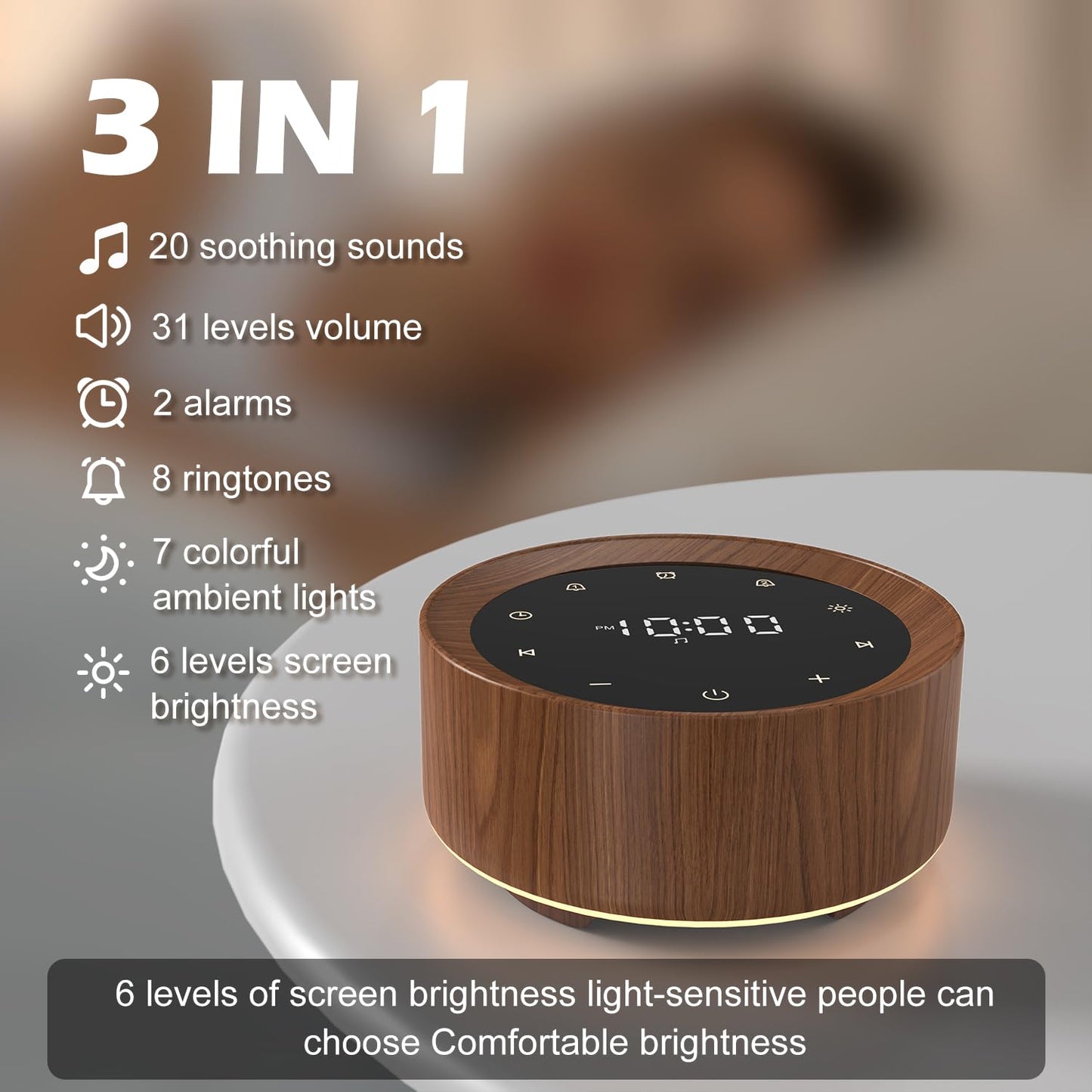 White Noise Sound Machine Alarm Clock 7 Colors Night Light Sound Machine for 20 Soothing Sounds 31 Level Volume 6 Level Screen Brightness 5 Timer Set Memory Function Touch Control for Adult/Baby Wood