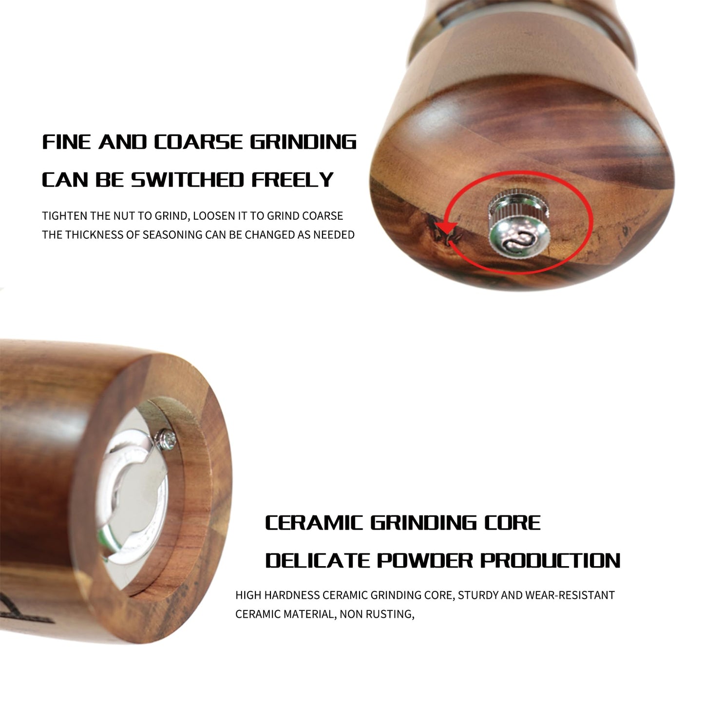 8-Inch Acacia Wood Salt and Pepper Grinders with Adjustable Ceramic Mechanism,Refillable Mills for Fine or Coarse Spices