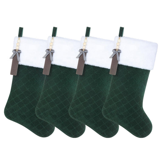 Shgngle Green Velvet Quilted Personalized Christmas Stocking,19.5 Inch Fireplace Hanging Stockings with Blank Wooden Tags DIY Name,Family Holiday Decorations and Xmas Gift(Green 4Pcs)