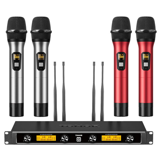 TONOR Wireless Microphones System with 4x10 Channels Dynamic Handheld Mics 4 Antennas for 295FT Long Distance Mic with Adjustable Frequencies Auto Connect for Singing Party Church Karaoke, Silver&Red