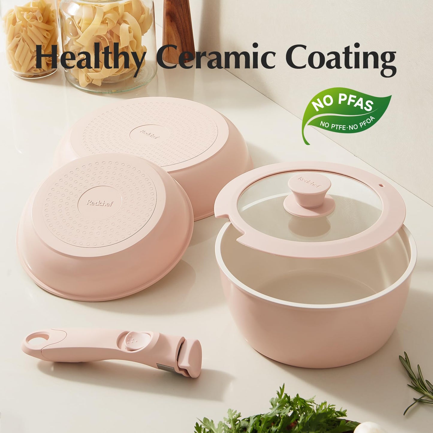 Redchef Ceramic Cookware Set, Removable Handle Pots and Pans Non-Stick, Rv Cookware Set, Non-Toxic Pots and Pans Set No PFAS, PTFE, PFOA, Detachable Pots and Pans, Dishwasher & Oven Safe (Pink)