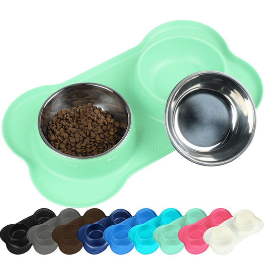 VIVAGLORY Dog Bowls, Stainless Steel Cat Puppy Dogs Water Food Bowls with Non Spill Skid Resistant Silicone Mat, Small, Mint Green