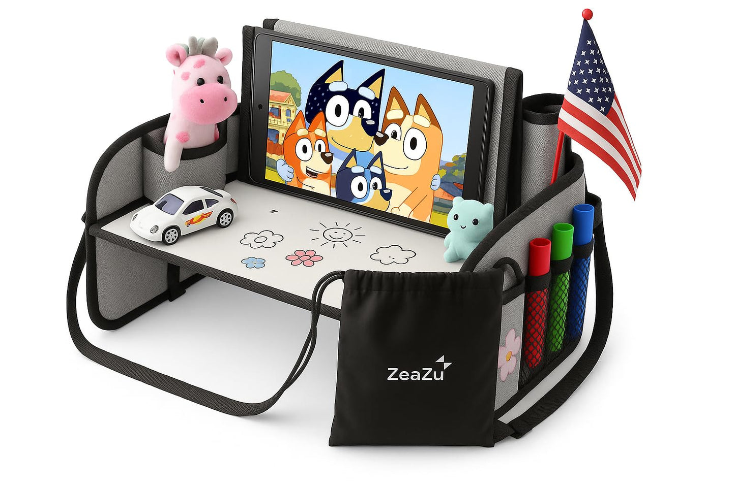 Kids Travel Tray - Foldable Toddler Lap Desk with Dry Erase Board, Car Seat Tray for Toddler, Waterproof Lap Tray for Airplane Kids Travel Essentials for Road Trip Activities, Silver