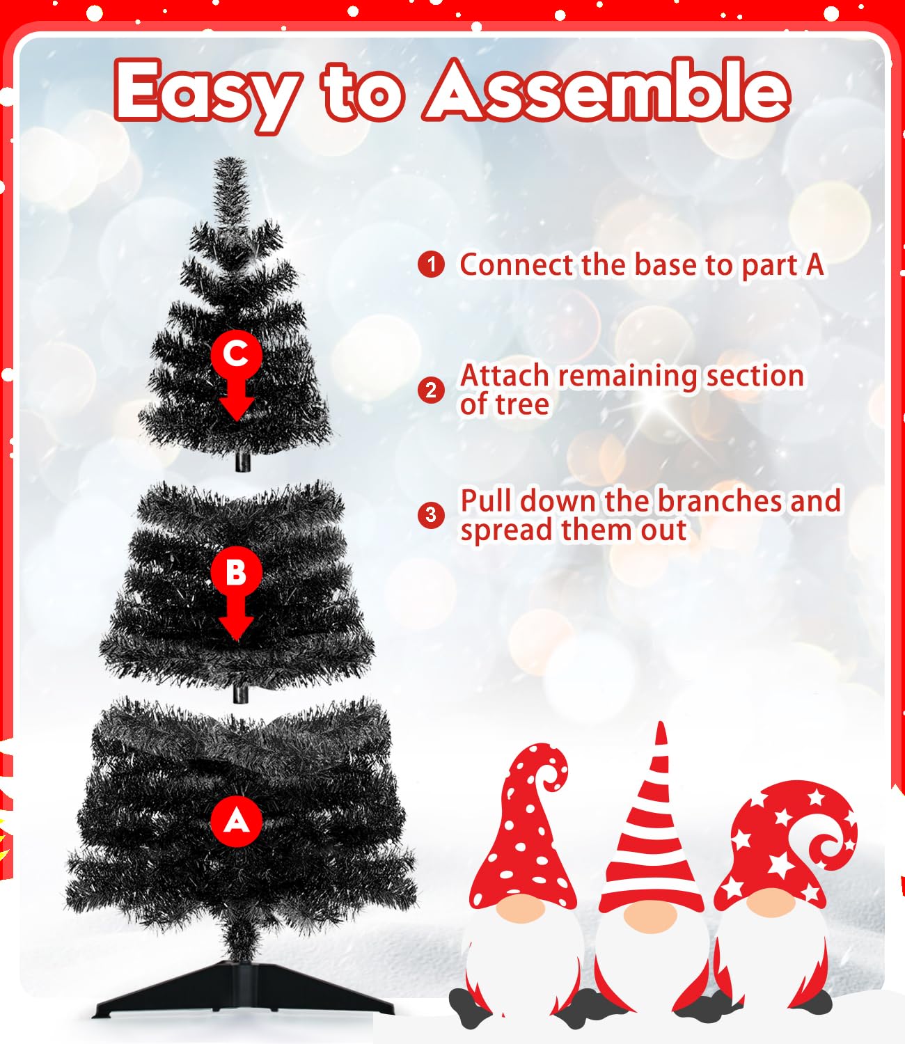 DEWUR Pre-Lit Artificial Christmas Tree, Warm White Lights, Colorful Lights, Includes Stand, 4 feet (Black)