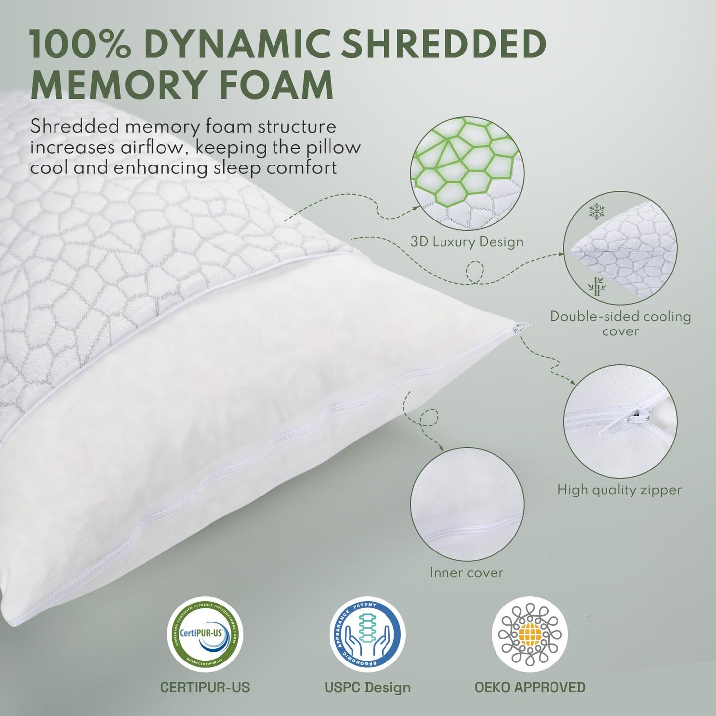HEYCUZI Cooling Pillows Queen Size Set of 2 - Shredded Memory Foam Pillow for Sleeping 2 Pack, Adjustable Cool Bed Pillows for Side, Back, and Stomach Sleepers, Gel Pillow Washable Removable Cover