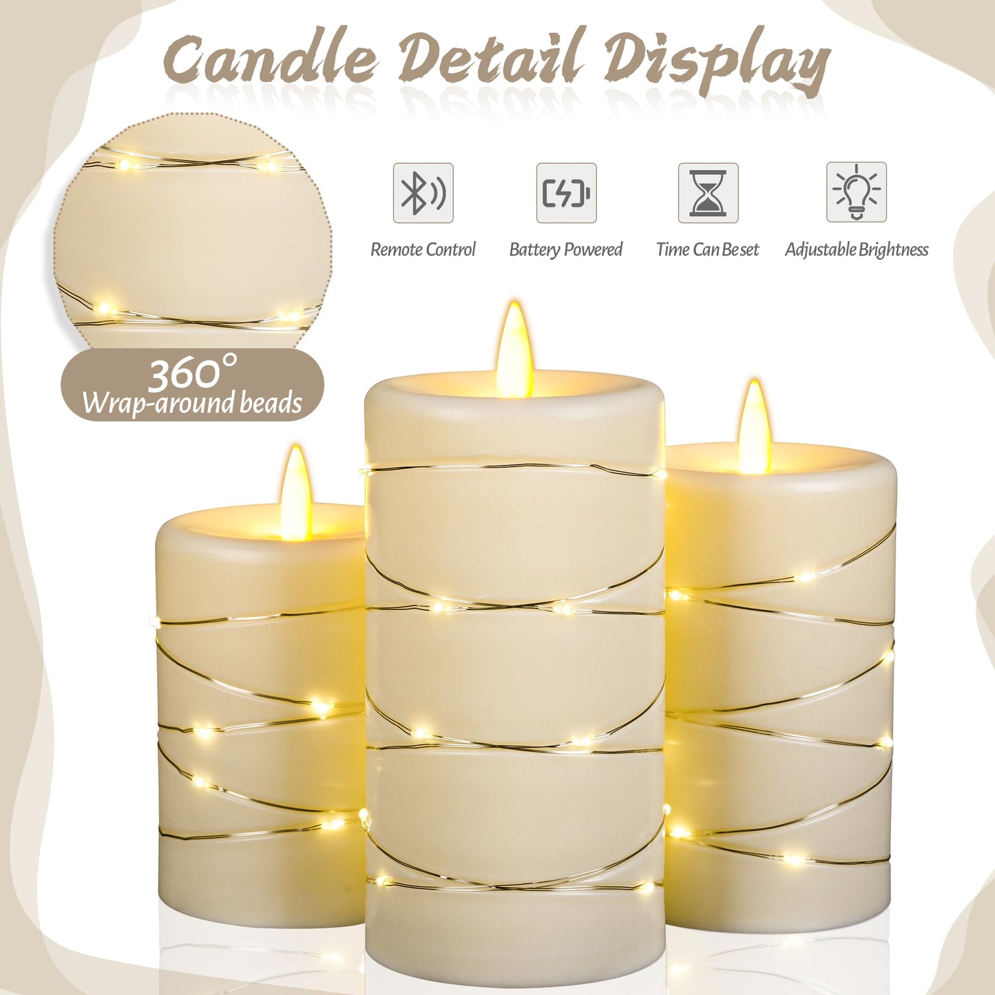 Flameless LED Candles with Timer 3 pc Flickering Flameless Candles for Romantic Ambiance and Home Decoration,with Embedded Star String，Battery Operated Candles