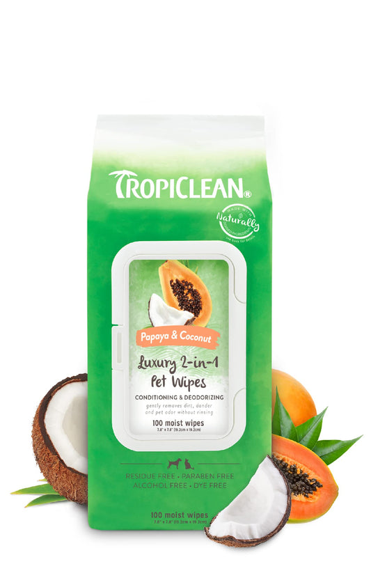 TropiClean Dog Wipes for Paws, Butt, Face, and Body, Anytime Cleaning and Deodorizing Pet Wipes, Safe for Licking, Papaya Scent, Cat Safe, 100ct