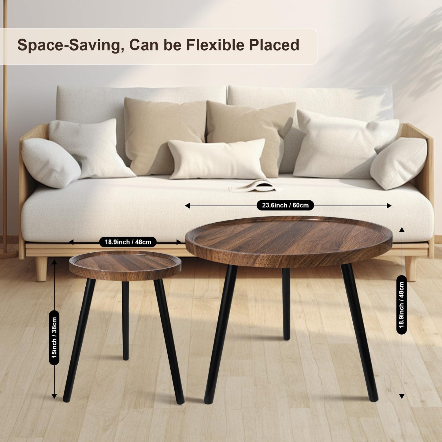 Nesting Coffee Table Set of 2, Modern Round Coffee Tables Nesting Side Table Set, Easy Assembly Nesting Tables for Living Room, Walnut Wood End Tables for Home Office Yard