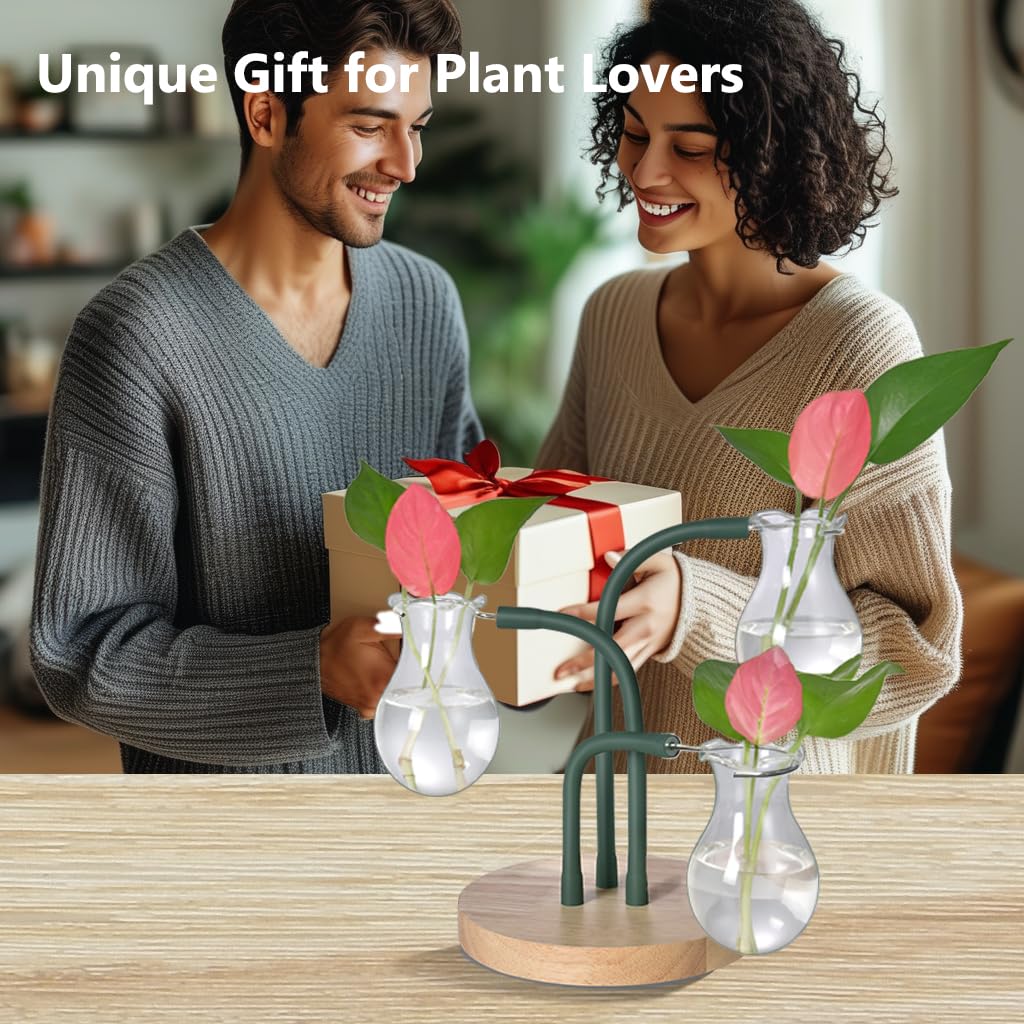 SuJolly DIY Plant Propagation Stations with 3 Flexible Arms, 3 Stylish Glass Vase Bulbs & Oak Wooden Base, Unique Gifts for Plant Lovers, Garden Women, Home or Office Decor, Housewarming Gift Ideas