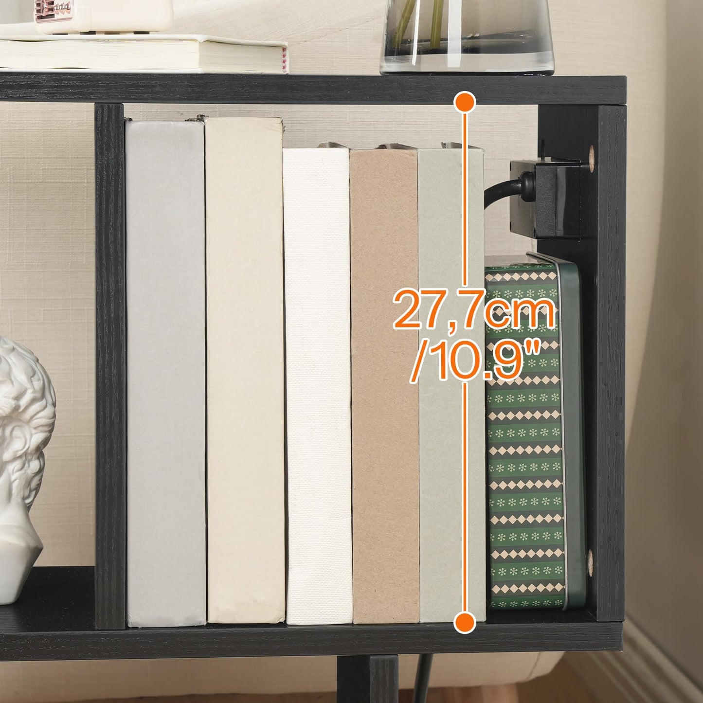 HOOBRO Narrow Side Table with Charging Station, S-Shaped Slim End Table Geometric Bookshelf with Open Storage, for Small Space, Living Room, Bedroom, Rustic Brown FG137UBZ01