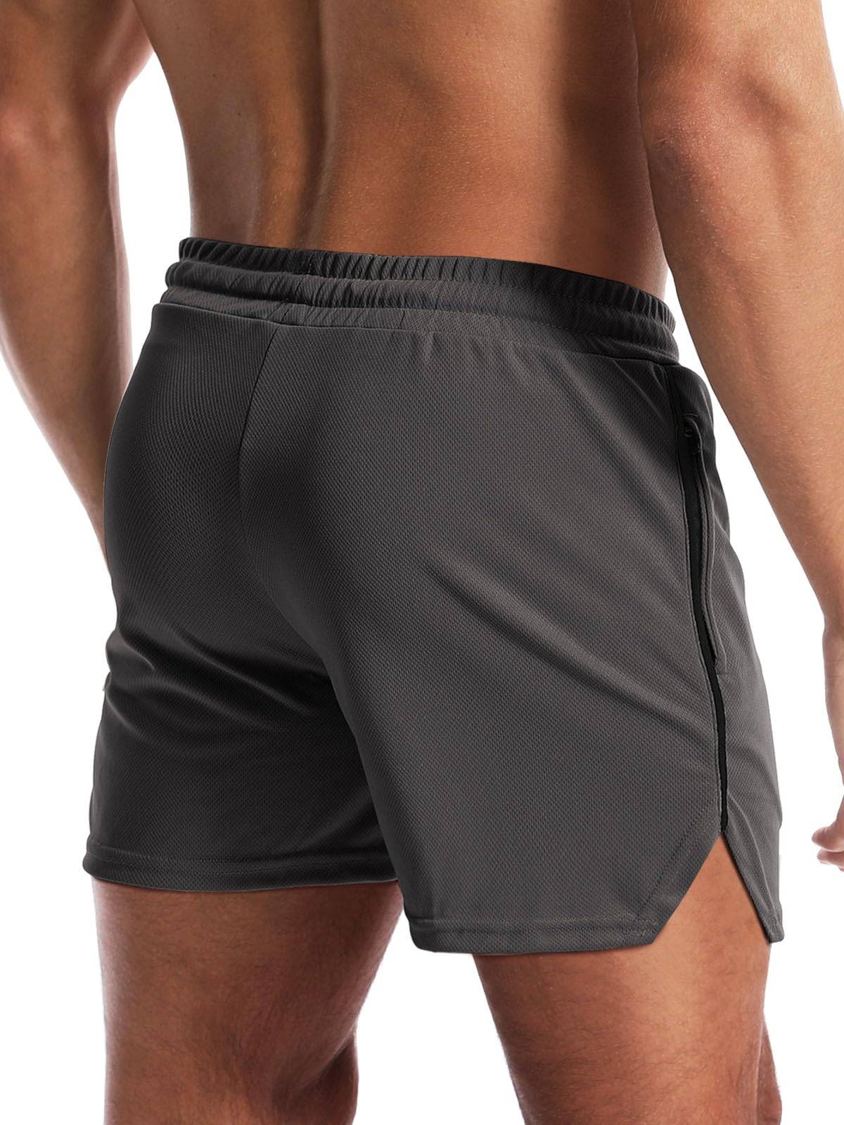 Aolesy Mens Workout Shorts with Zipper Pocket 5 Inch Lightweight Gym Running Shorts Linerless Bodybuilding Training Athletic Shorts Black Grey
