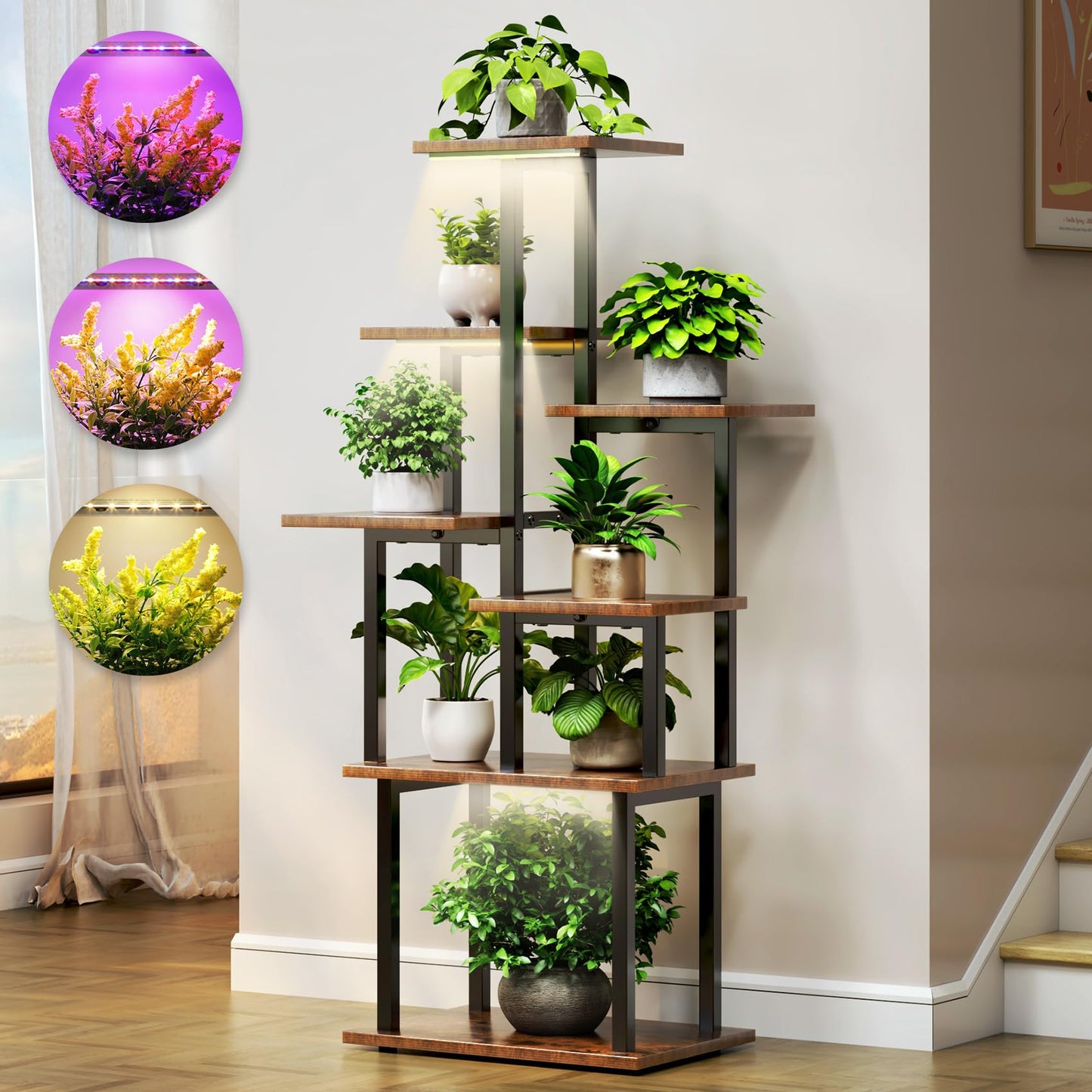 TC-HOMENY Plant Stand Indoor with Grow Lights, 7 Tiered Metal Plant Shelf, 45" Tall Irregular Plant Stand for Indoor Plants, Plants Flower Holder, Plant Shelf Display Rack for Patio, Living Room