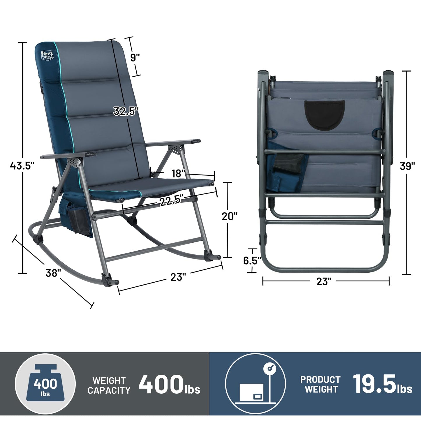TIMBER RIDGE Oversized Folding Rocking Camping Chair, Padded Outdoor Rocker with High Back, Portable Outdoor Chair for Patio, Garden, Lawn, Supports up to 400 lbs, Blue