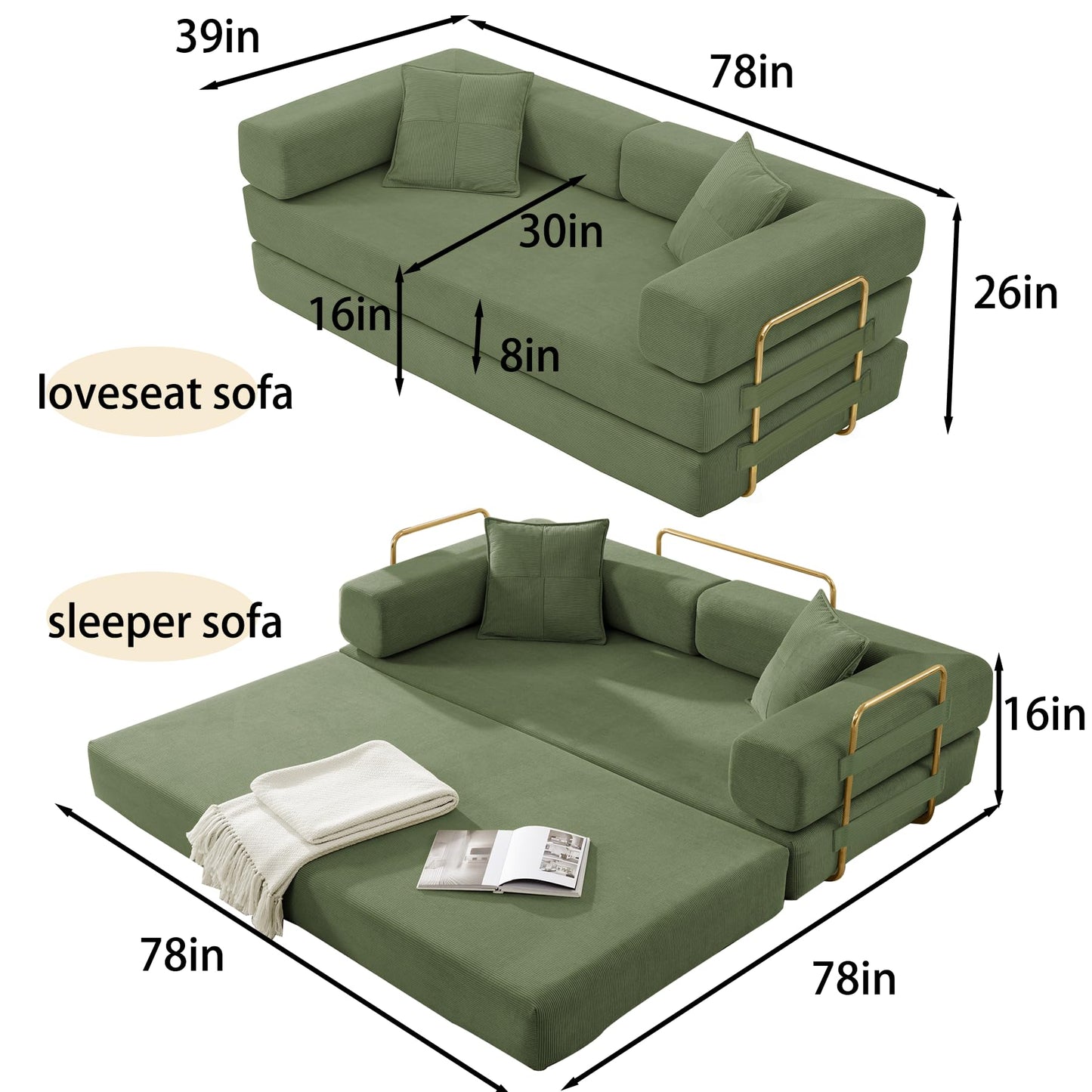 ivoros Folding Sofa Bed, Convertible Sleeper Sofa Bed with Gold Fixed-Shape Frame, Corduroy Floor Couch, Lazy Compression Sofa for Living Room, Bedroom, Home Theater, Green