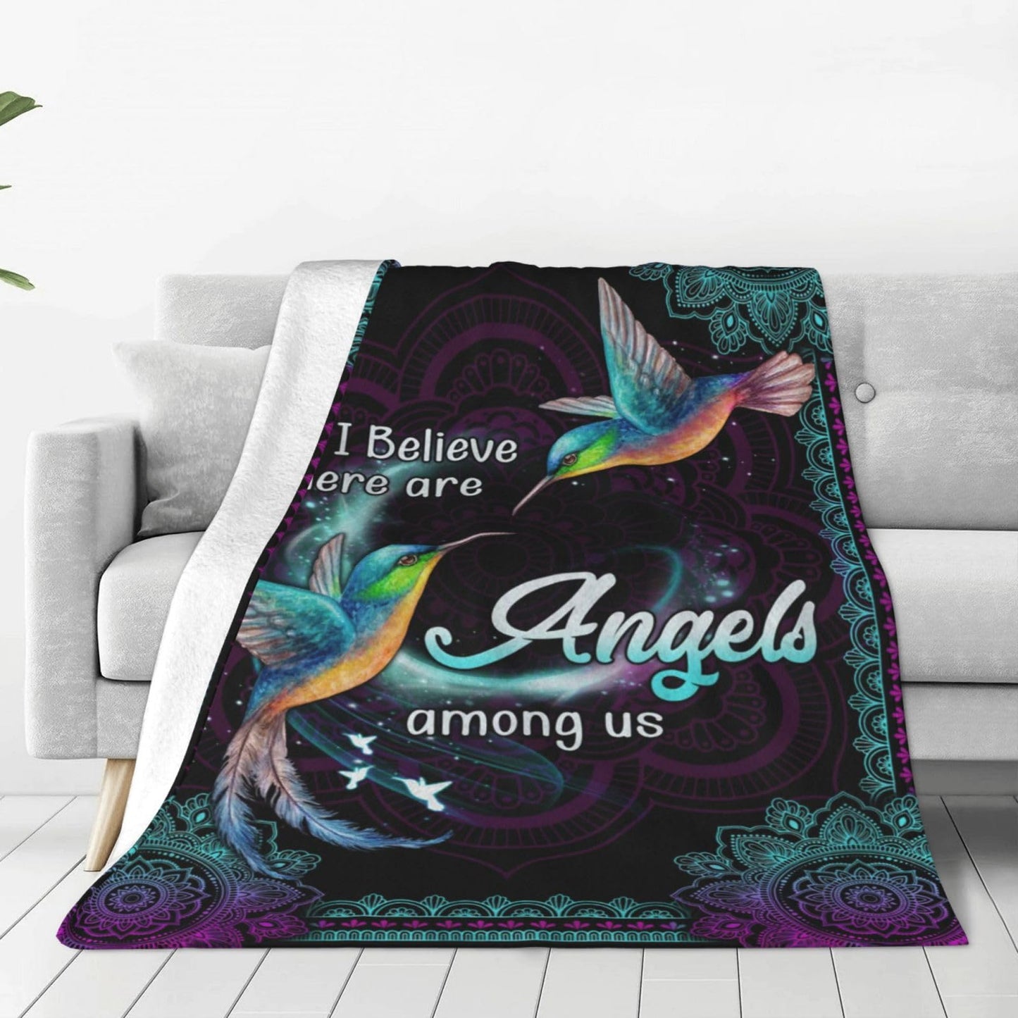 Hummingbird Blanket Heaven Hummingbird Throw Blanket I Believe Inspirational Blanket Gifts for Girls Boys Winter Bedding Super Warm Soft Plush Fleece Flannel Blanket for Kids Adults Men Women 50"X40"