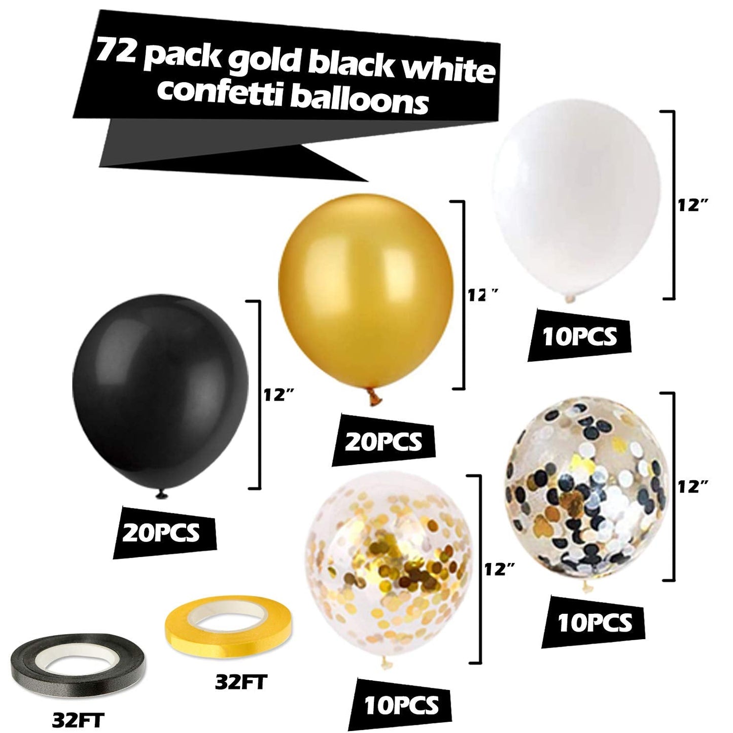 72 Pack Black Gold Confetti Balloons Kit, 12 Inch Black Gold White Balloons and Gold Confetti Balloons with Balloon Ribbons for Graduation Birthday Wedding Baby Shower Party Decorations