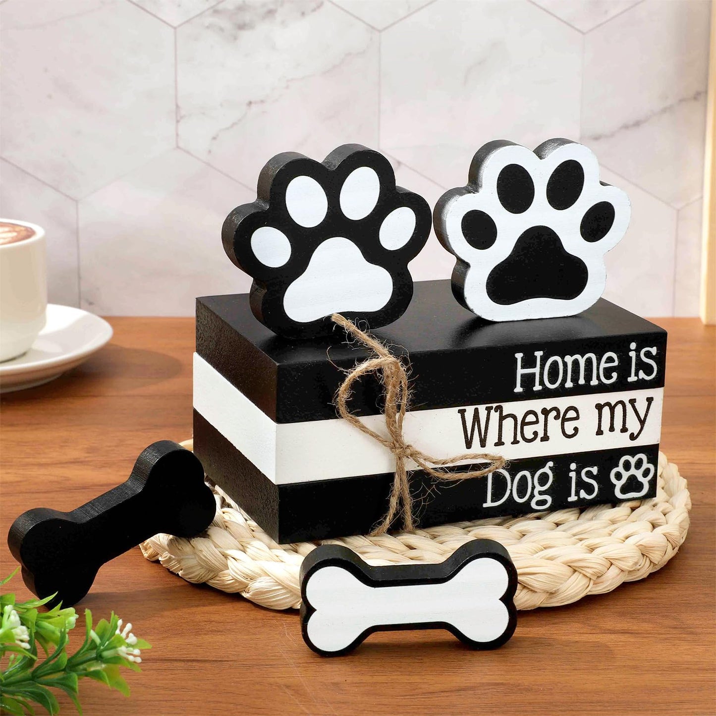 Whaline 7Pcs Dog Wooden Tiered Tray Decor Faux Stacked Books Dog Paw Bone Decorative Table Centerpiece Block Signs for Party Home Room Kitchen Dining Table Shelf Decoration