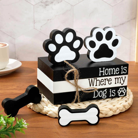Whaline 7Pcs Dog Wooden Tiered Tray Decor Faux Stacked Books Dog Paw Bone Decorative Table Centerpiece Block Signs for Party Home Room Kitchen Dining Table Shelf Decoration