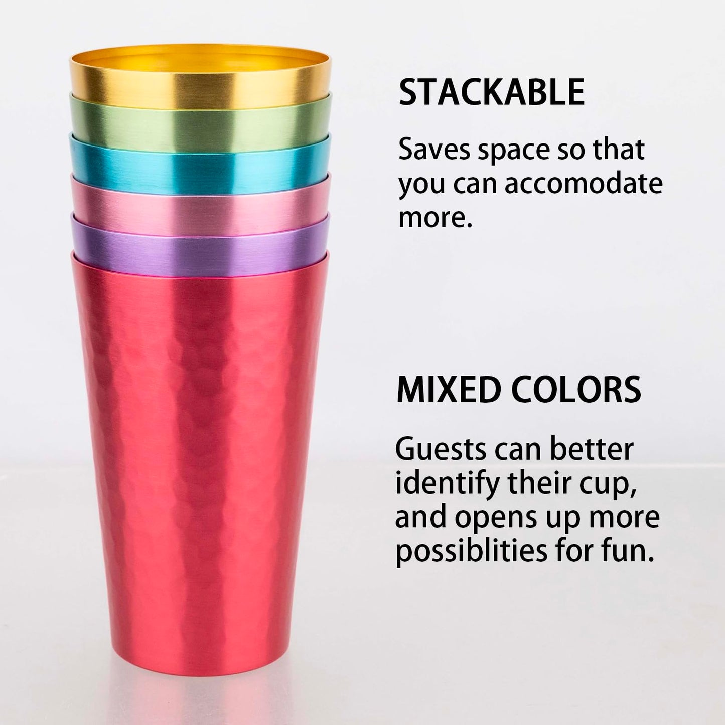 TJ Aluminum Metal Cups, Metal Anodized Multi-Colored Red, Purple, Pink, Blue, Green, Gold Party Cup Set, Aluminum Drinking Cups, Set of 6, 15 oz
