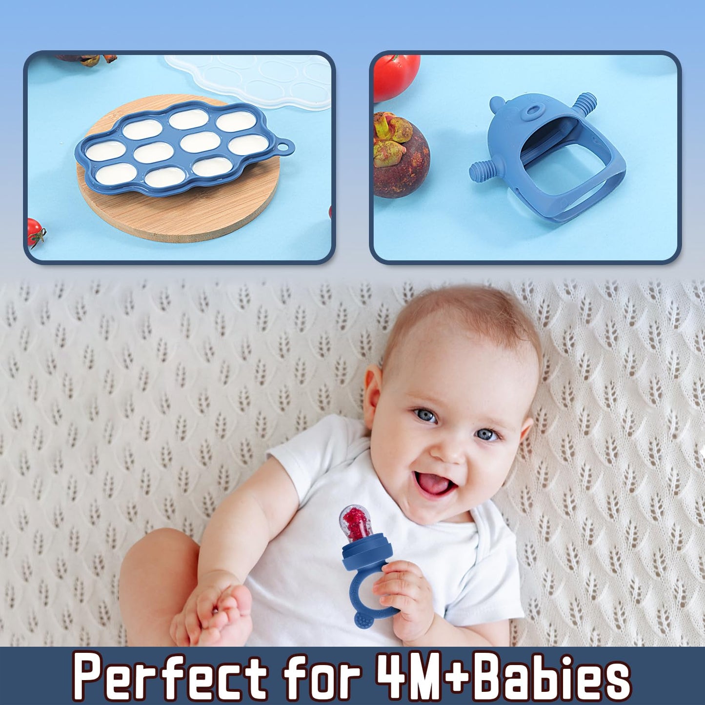 Baby Fruit Feeder & Breastmilk Popsicle Molds – (3-Pack) Teething Relief Set with Mesh & Silicone Pacifiers, Freezer Tray, Food Feeder for 0–12 Months, BPA Free – (Steel Blue)