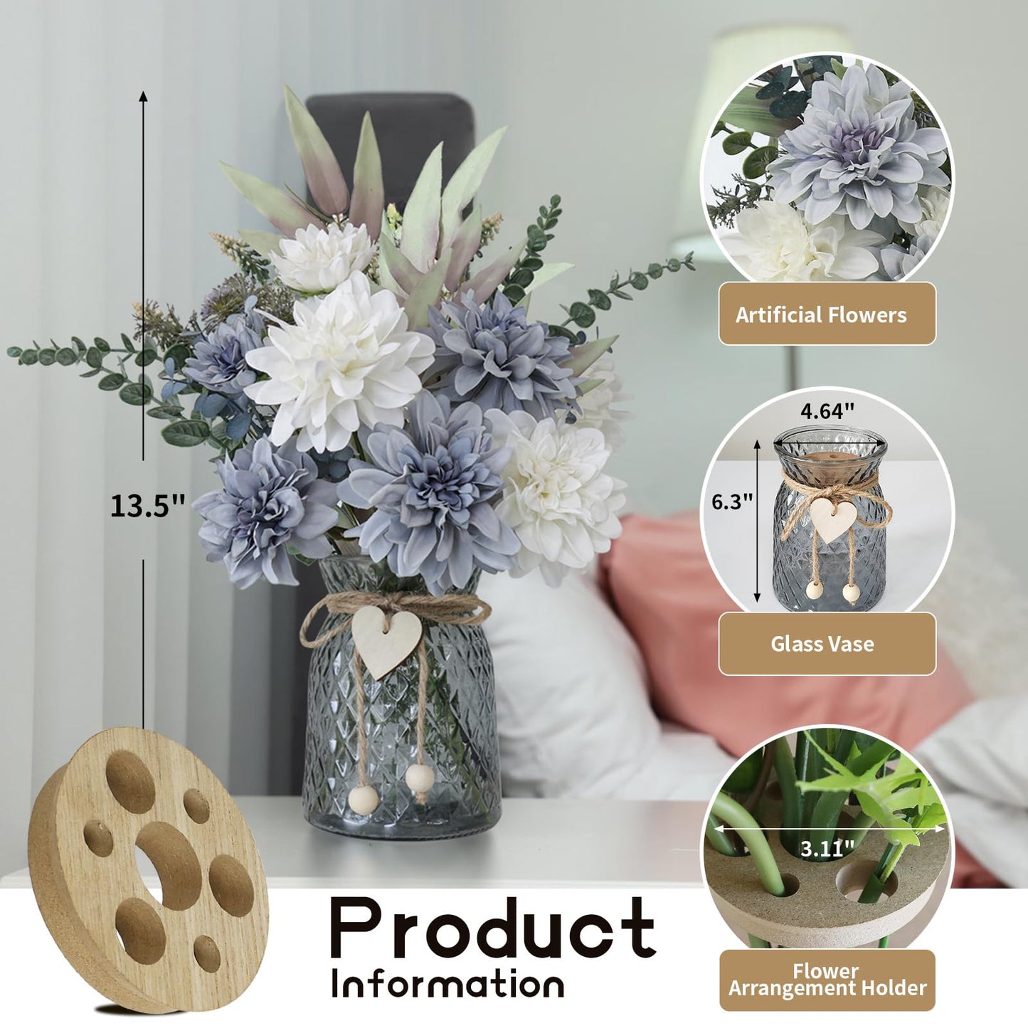 SHINFHOMF Fake Flowers in Vase,8 Dahlias,Silk Artificial Flowers in Vase,Centerpiece Table Decorations,Faux Flowers in Vase with a Flower Arrangement Holder