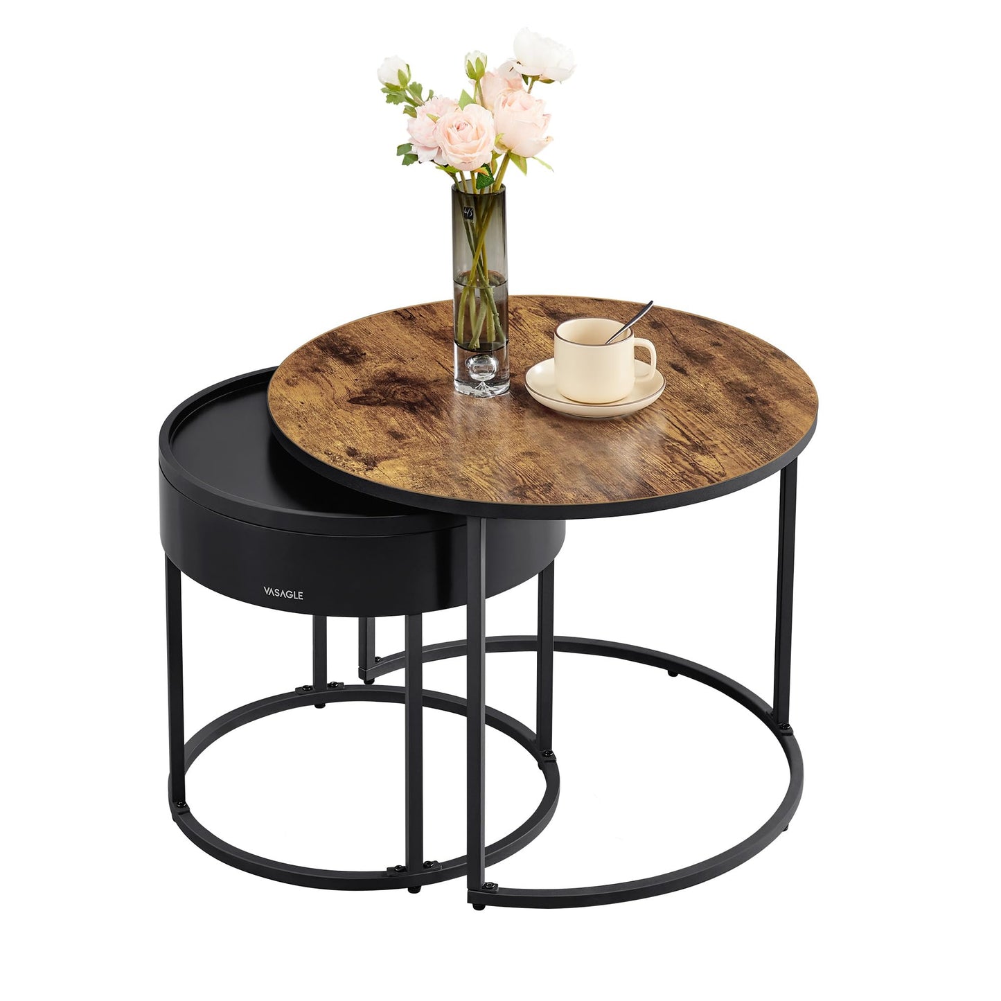 VASAGLE Round Coffee Tables, Set of 2 Nesting Tables, Modern Round Side Tables with Hidden Storage and Top Tray, for Living Room, Bedroom, Office, Rustic Brown and Ink Black ULCT044K01