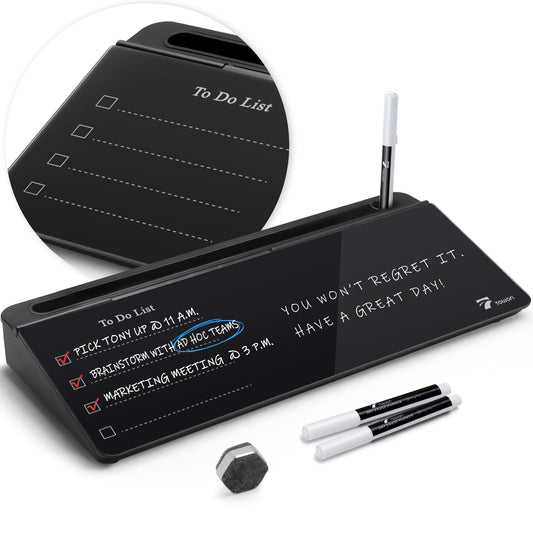 TOWON Small Compact Glass Desktop Whiteboard with Storage – 12 x 7 in Dry Erase Board for Desk, Home Office, School | Includes 5 Markers, Eraser & Holder | Space-Saving Organizer, Aesthetic Teal Blue