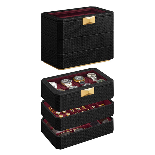 SONGMICS HOME RONNE Collection - 3-Tier Watch Box, Stackable 8-Slot Watch Case, Woven Embossed PU Leather, Floating Effect, Gift Idea, Ink Black Surface, Wine Red Lining UJWB021R01