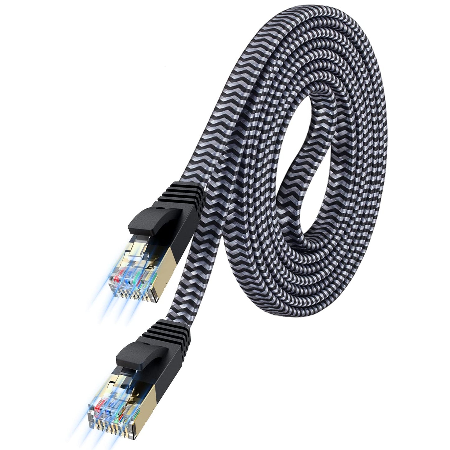 Cat 7 Ethernet Cable - Flat Design, Easy Install, Nylon Braided, More Durable High Speed Internet Cable Network Cord Shielded LAN Cables for Computers, Routers, Switches, and Gaming Consoles - 6.6FT