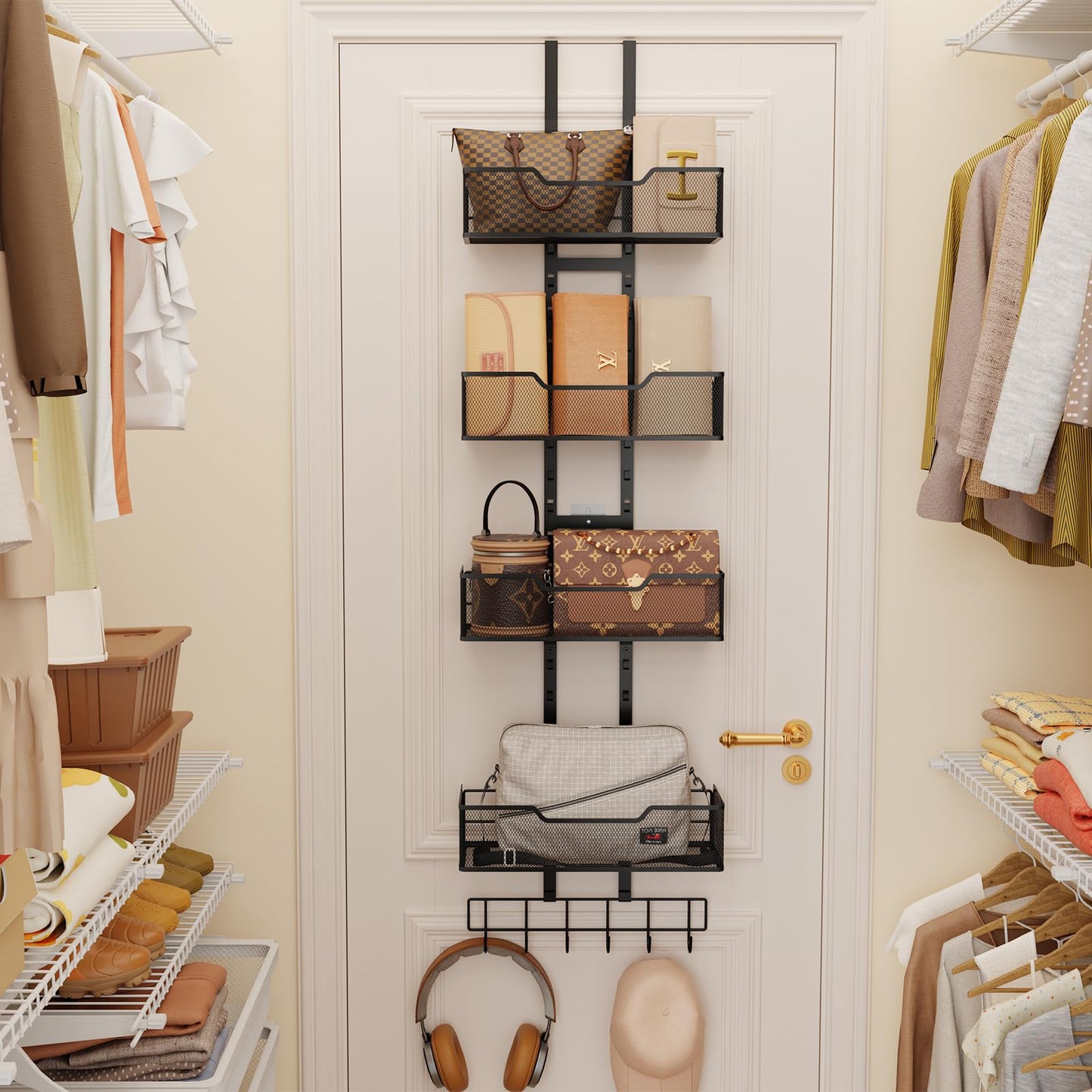 Dmevkic Purse Organizer Over The Door,Adjustable Durable Metal Purse Holder Handbag Purse Organizer for Closet with 5 Hooks Medium