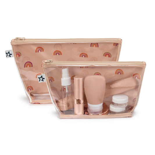 Tiny Twinkle Mess-proof Travel Bags, Airline Compliant, Zipper Closure, Clear Front Pouch, Diaper Bag Packing, Toiletry or Cosmetics Organizer 2 Pack Set (Boho Rainbow)