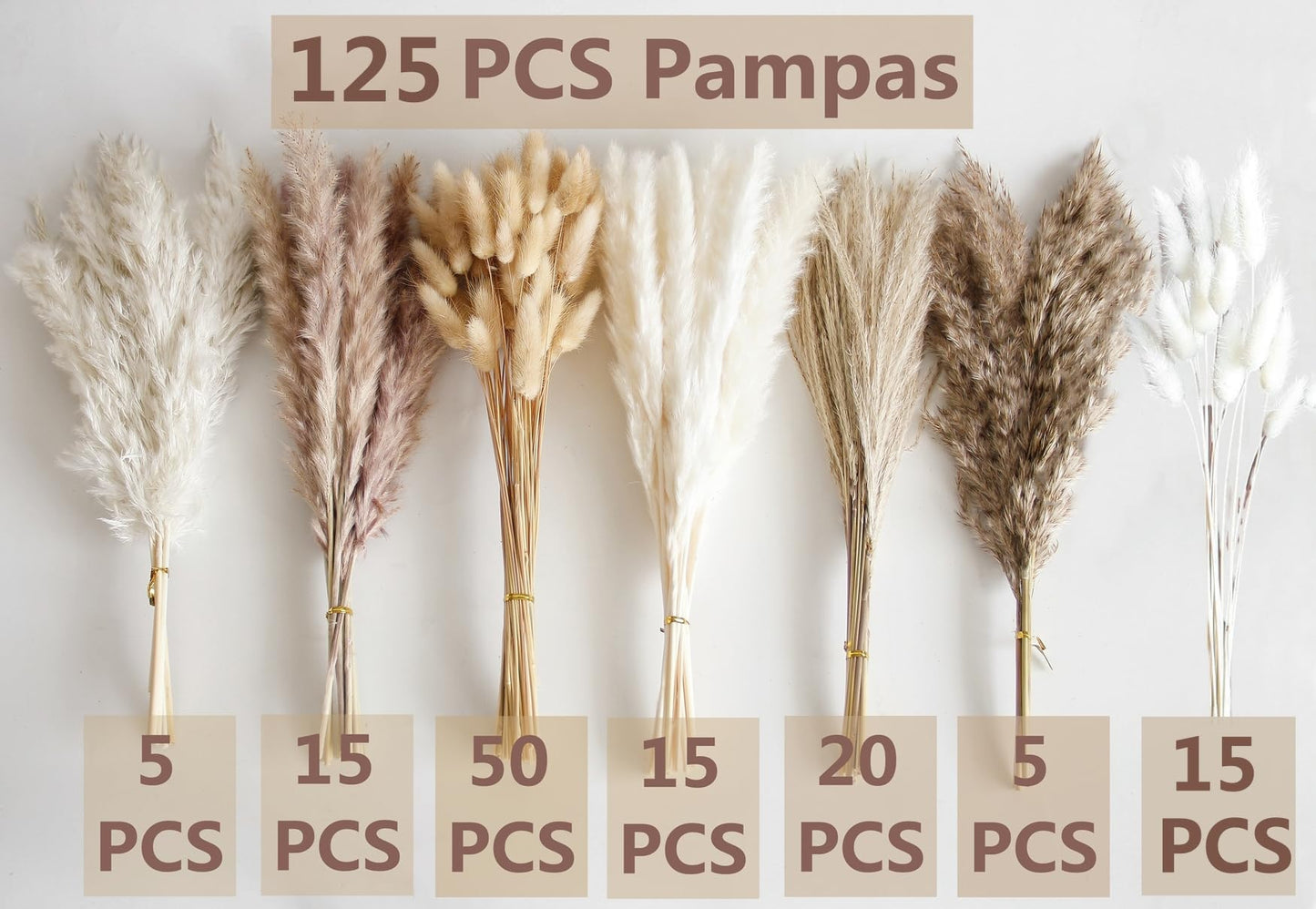 125 PCS Dried Pampas Grass Bouquet, Boho Table Decor, Bunny Tails Dried Flowers, Brown Pampas, White Pampas Grass for Weddings, Home Decor, Rustic Parties, and Baby Shower Decorations
