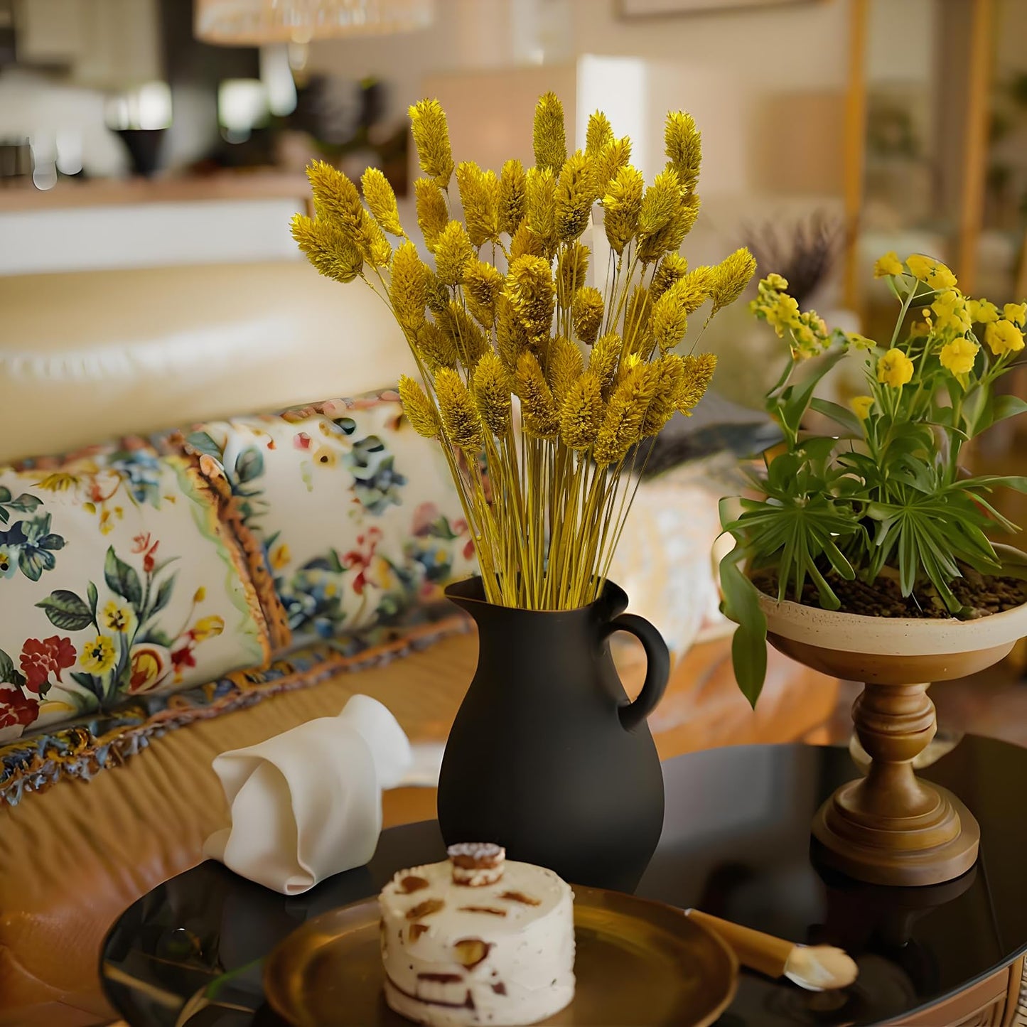 120 PCS Boho Pampas Grass, 17" Bunny Tails Gem Grass Flower Bouquet Decor for Home Wedding Farmhouse Decor (Lemon Yellow)