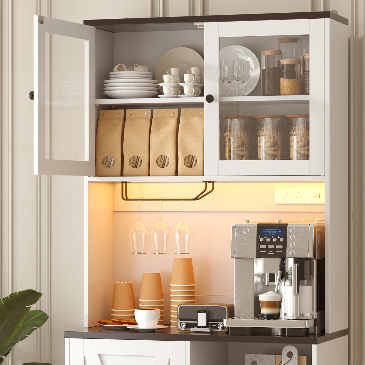 CBBPET 71" Tall Coffee Bar Cabinet with Storage Hutch, Farmhouse Kitchen Pantry Cabinet with LED Lights Microwave Stand and Glass Holder for Home Dining Room Kitchen,White