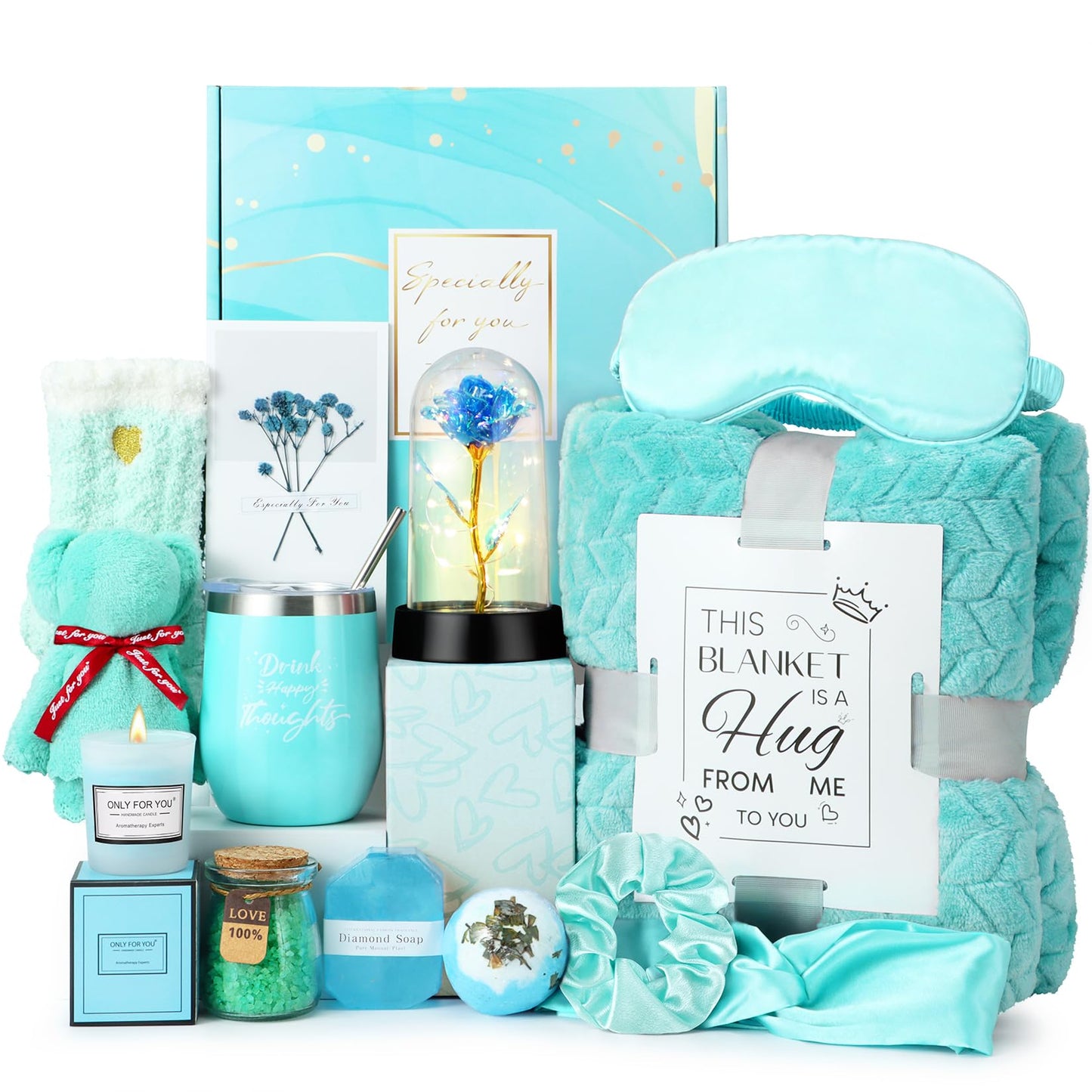 Birthday Gifts for Women, Gift Baskets for Women, Relaxing Spa Gifts Care Package with Luxury Flannel Blanket, Light-Up Rose Flower, Unique Mothers Day Gifts for Mom, Wife, Grandma, Sister, Friends