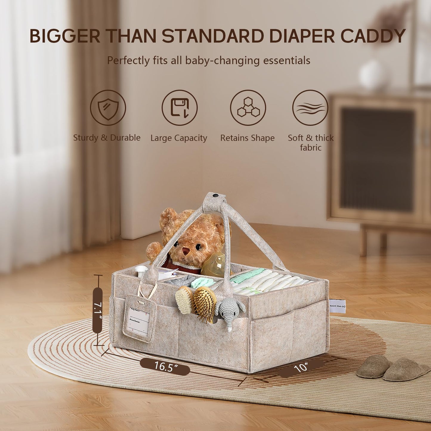 GEMII Baby Diaper Caddy Organizer with Handle, Newborn Baby Essentials Registry Search Must Haves, Shower Gift Basket Boy&Girl, Portable Diaper Storage Basket Bin, Car Caddy Organizer (Oatmeal, Large)