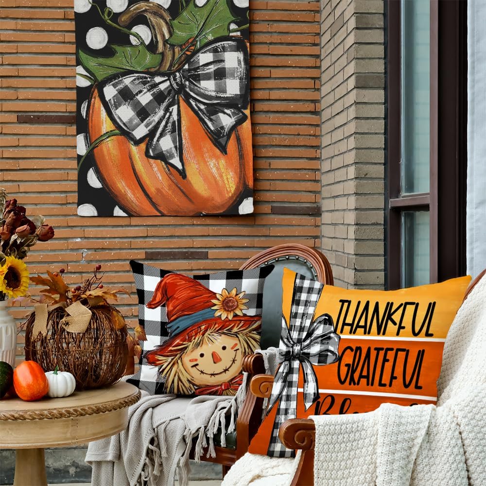 GEEORY Fall Throw Pillow Covers 18x18 Inch Set of 4, Buffalo Plaid Pumpkin Scarecrow Orange Cushion Case for Sofa & Bed Autumn Thanksgiving Decor Farmhouse Home Decoration