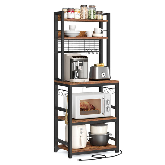 VASAGLE Hutch Bakers Rack with Power Outlet, 14 Hooks Microwave Stand, Adjustable Coffee Bar with Metal Wire Panel, Kitchen Storage Shelf, 15.7 x 23.6 x 66.9 Inches, Rustic Brown and Black UKKS037B01